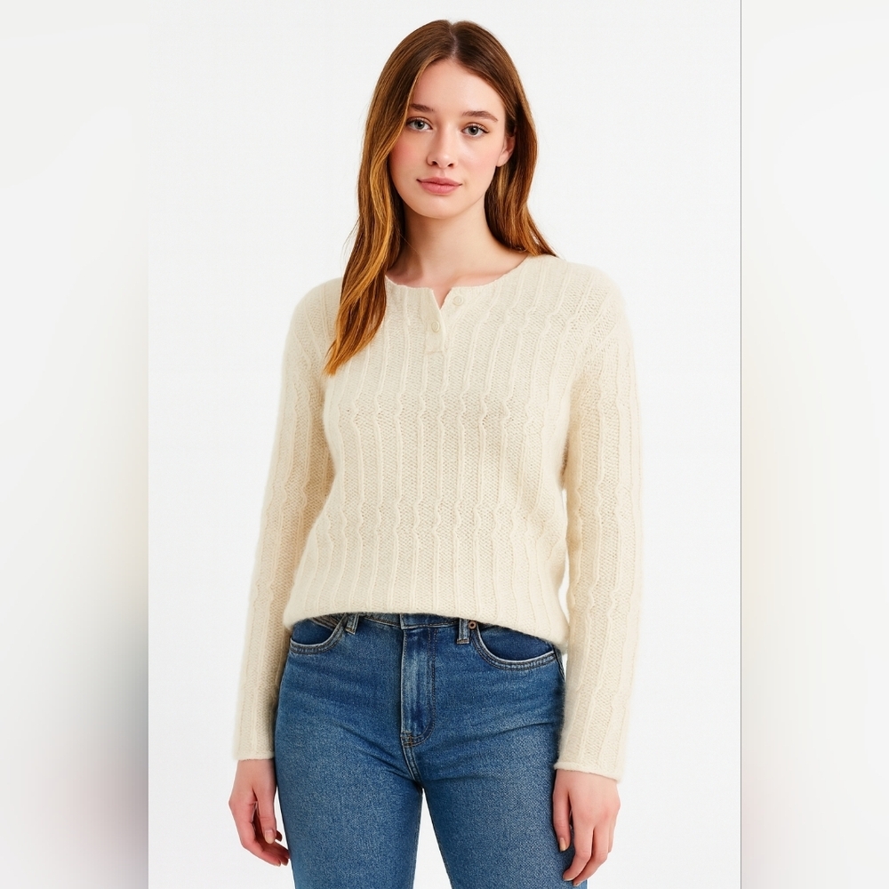 Vintage Limited‎ Lambswool Angora Rabbit Henley Sweater Knit Ivory Womens Medium
